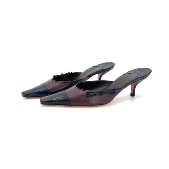 Vintage Chanel Karl Lagerfeld Era Bow CC Logo Cap Toe Kitten Heel Mules 37 - Picture 1 of 11